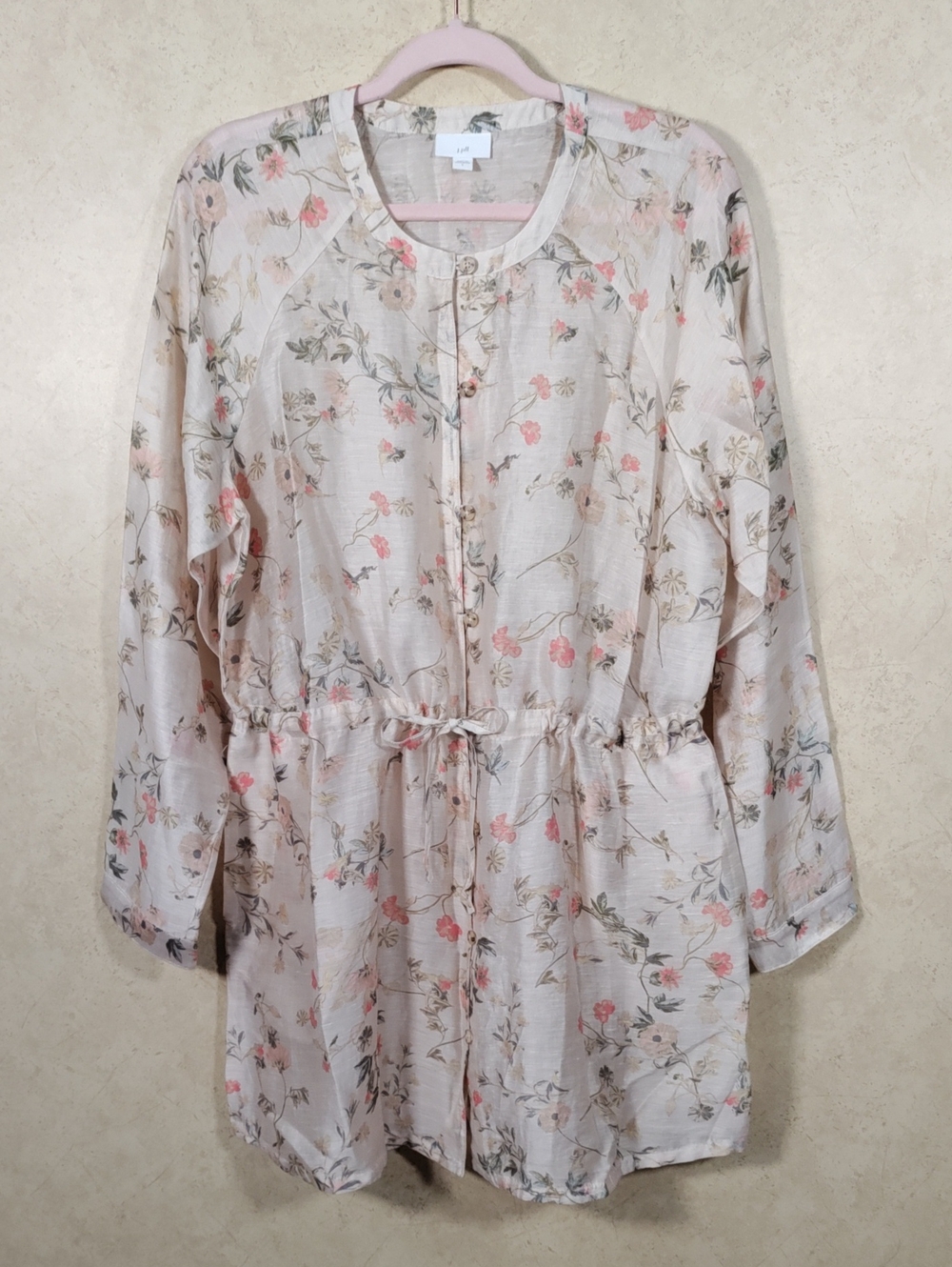 I131 J. Jill Light Tan Floral Drawstring Waist Jacket L New